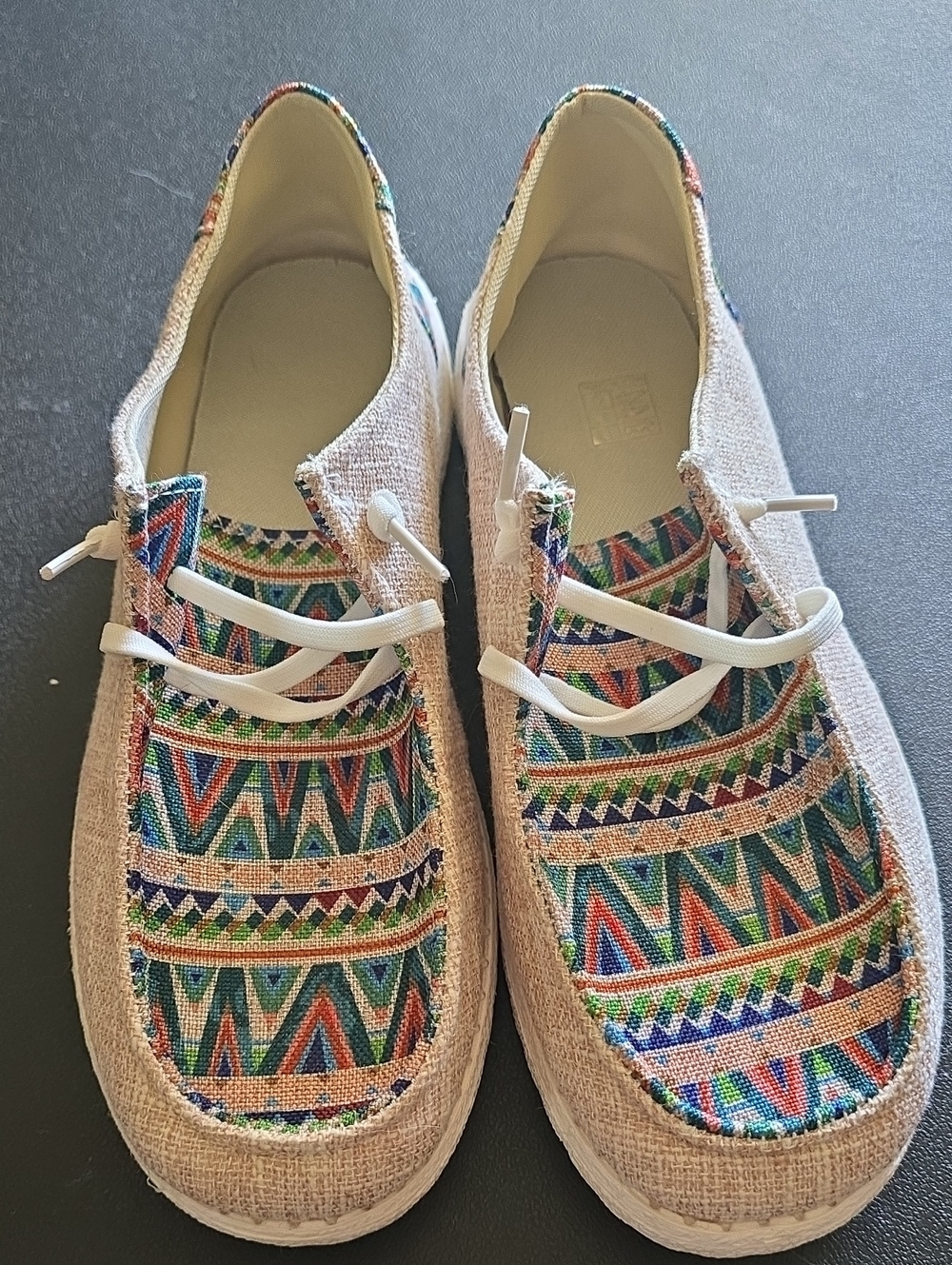 Women's Beige Slip-On Moccasins with Multicolor Aztec Pattern